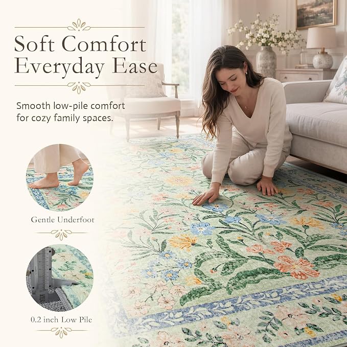 Wonnitar 10x14 Machine Washable Area Rugs, Green Floral Large Rugs for Living Room, Ultra-Thin Foldable Boho Flower Print Bedroom Carpet for Dorm Apartment Office