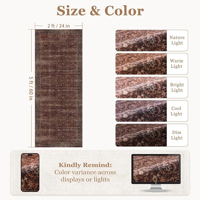 Brick Red 2x4 Rugs for Entryway, Vintage Print Low Pile Thin Kitchen Rugs Non Slip Washable, Rustic Farmhouse Distressed Small Rug for Bathroom Bedroom, Door Mat Indoor Entrance Entry Way