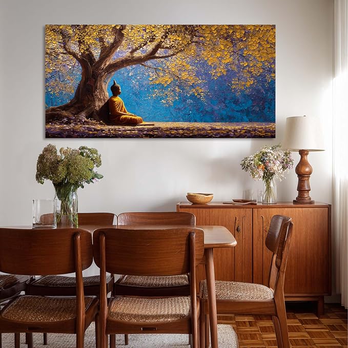 Ggaafet Gold Buddha Wall Art for Living Room Canvas Painting Prints Golden Tree Buda Calming Buddhist Art Deco Fantasy Artwork Office Bedroom Listening Dining Room Decor Extra Large