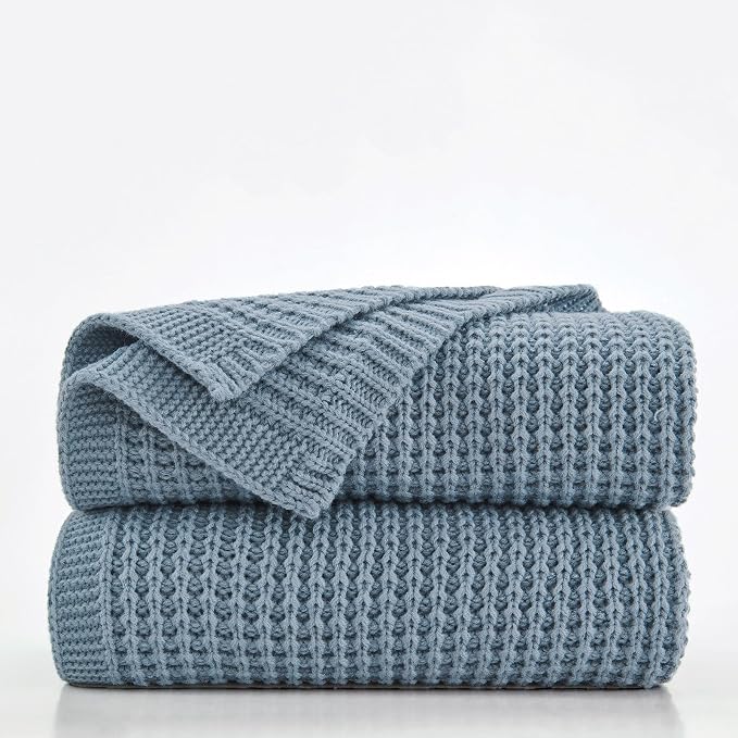 Douceur Blue Throw Blanket for Bed, Soft Chunky Cable Knit Throw Blanket, Classic Fisherman's Rib Stitch Pattern Throw for Living Room Gift, 60"X80"