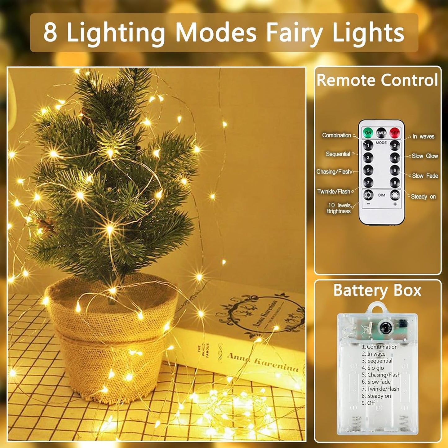 4 Pack Fairy Lights Battery Operated with Remote Control Timer, LED String Lights Outdoor Indoor Decorations, 8 Modes Twinkle Lights for Christmas Party Wedding Birthday Bedroom Décor (Warm White)