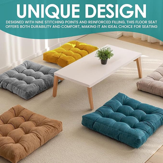 NEST & LOOM Floor Cushions - Floor Chair Pillow, Meditation Cushion, Square Large Floor Pillow, Solid Thick Tufted Floor Pillow - Yellow - 21.65" x 21.65"