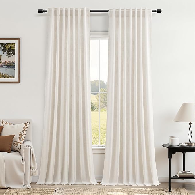 Jowels Natural Linen Curtains 96 Inches Long for Living Room Bedroom, 2 Panel Set, Cream Thick Textured Light Filtering Sheer Curtains, Back Tab Rod Pocket Modern Farmhouse Privacy Drapes