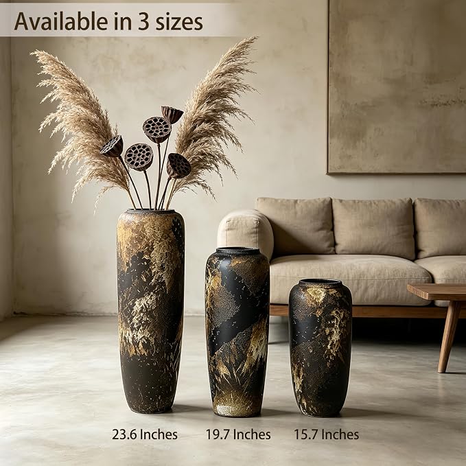 Black Rustic Ceramic Tall Floor Vase, 19.7 Inch Vintage Large Farmhouse Vase Pottery Clay Terracotta Rustic Vases for Home Decor Living Room Entryway Table Centerpieces,Kitchen,Housewarming Gifts