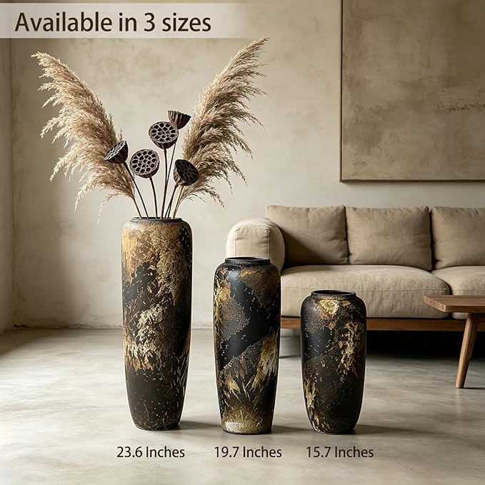 Black Rustic Ceramic Tall Floor Vase, 15.7 Inch Vintage Large Farmhouse Vase Pottery Clay Terracotta Rustic Vases for Home Decor Living Room Entryway Table Centerpieces,Kitchen,Housewarming Gifts