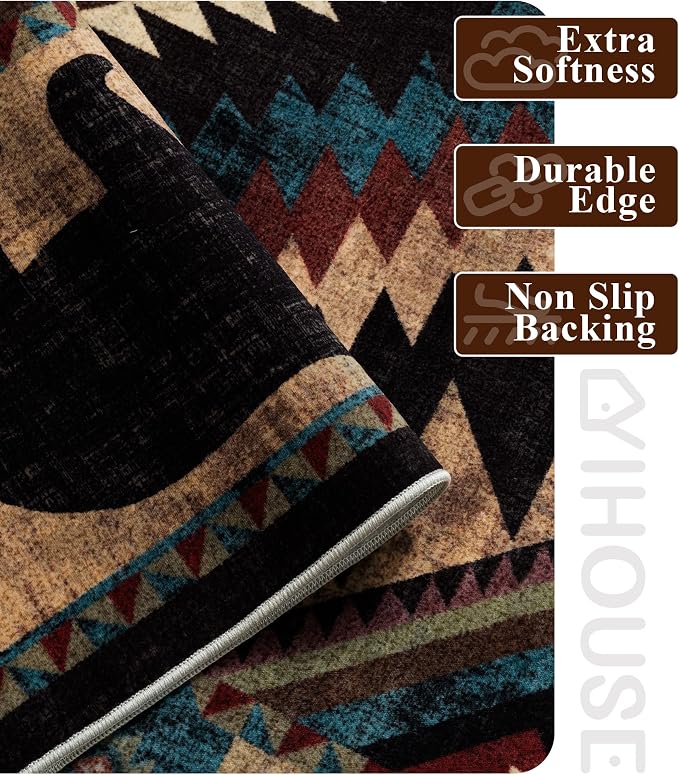 YIHOUSE Rustic Cabin Area Rug 10x14, Lodge Wildlife Bear Washable Large Area Rug, Southwestern Rustic Rugs for Living Room