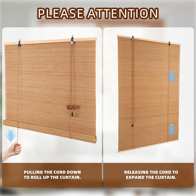 Outdoor Bamboo Roller Blinds Shades, Vertical Lifting and Breathable Waterproof Design, Sun Shade, Blackout and Ventilation, Easy Installation,60" W×72" H