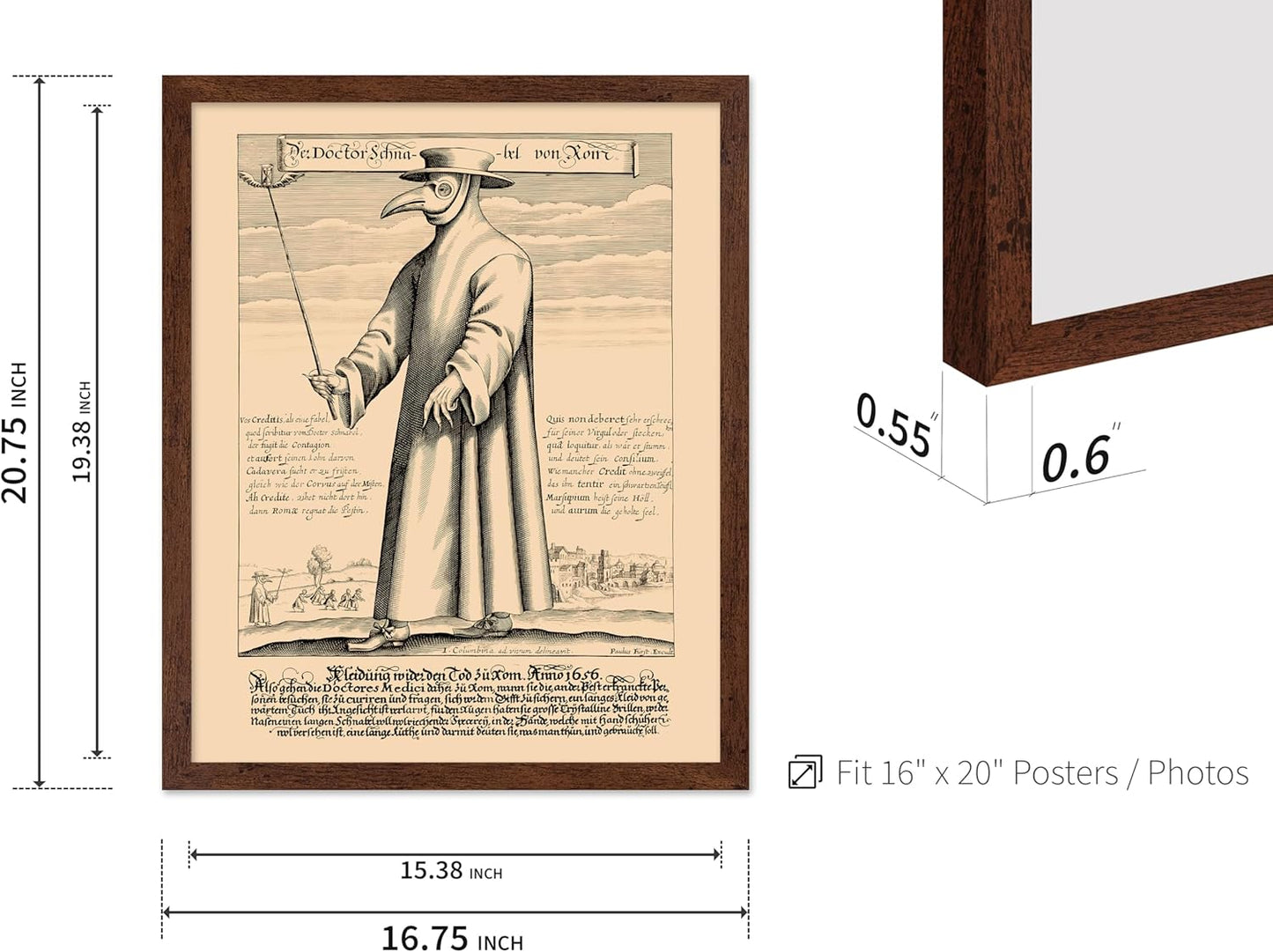 Poster Master Vintage Medieval Poster - Retro Illustration Print - Gift for Friend - Plague Doctor, Pandemic Mask, Physician, Black Death - Wall Decor for Home, Living Room, 16x20 Brown Framed