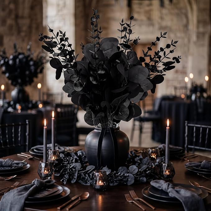 Giegxin 180 Pcs 3 Kinds Mixed Artificial Eucalyptus Leaves Stems Bulk Silver Dollar Leaves Picks Dried Eucalyptus Bundle Faux Spray for Wedding Vase Bouquet Floral Arrangement (Black)
