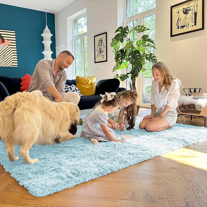 OLANLY 2x5 Machine Washable Runner Rugs for Hallway, Soft Fluffy Shaggy Bedside Rugs for Bedroom, Living Room, Indoor Floor Carpet for Kids Girls and Boys, Home Decor Aesthetic, Light Blue