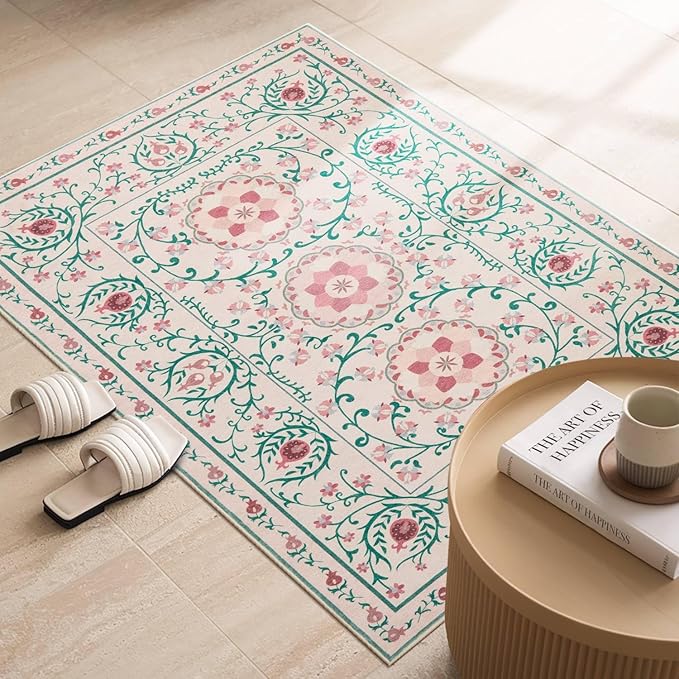 Rugxara Pink Door Mat Floral Entryway Rug, Washable Samll 2x3 Rugs, Boho Front Door Mat, Non Slip Low Pile Throw Carpet for Indoor Entrance,Bathroom,Girls Room and Kitchen(Pink/Green 2x3ft)