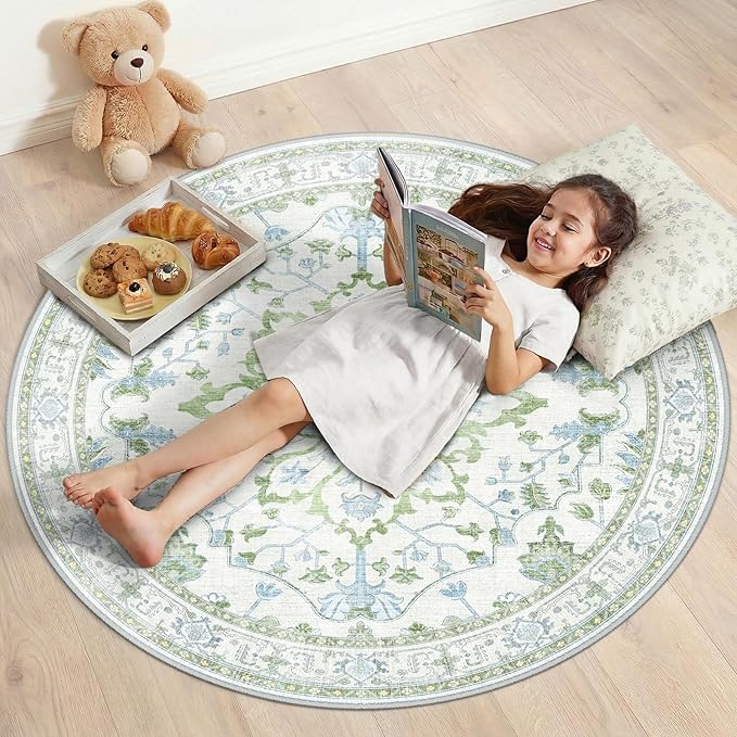 RELEANY Area Rugs Round 4ft Washable Non-Slip, Floral Vintage Distress Print Pattern Medallion Carpet for Living Room Bedroom Dining Room, Green White Blue