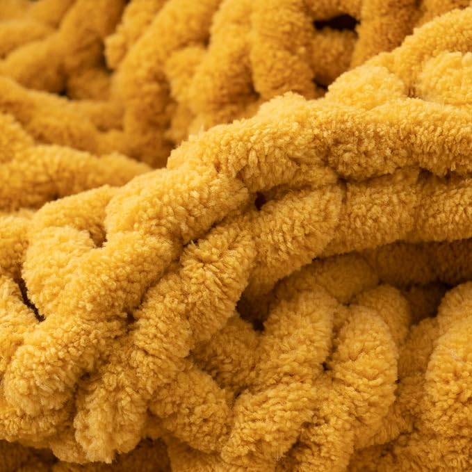Battilo Mustard Yellow Chunky Knit Throw Blanket, Soft and Thick Chenille Throw Blanket, 50"x60" Handmade Cable Knit Crochet Blanket, Rope Knot Knitted Fall Throw Blankets for Couch Home Decor