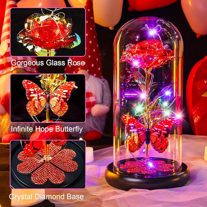 Mothers Day Rose Gifts for Mom Birthday Gift for Women Galaxy Glass Rose in Glass Dome Forever Eternal Crystal Roses with Butterfly Mother's Day Flower Gifts for Women Wife Grandma Daughter Sister Red