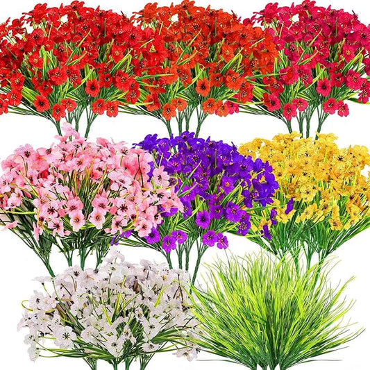 32 Bundles Artificial Flowers for Outdoors, UV Resistant Realistic Fake Silk Violet Flowers with Plastic Faux Plants Bulk for Outside Garden Yard Porch Patio Pots Window Boxes Hanging Planters Decor
