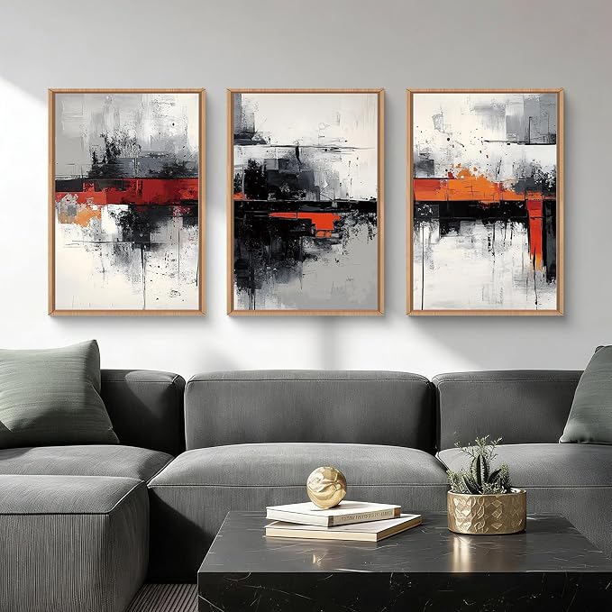 HOURIA Modern Abstract Framed Canvas Wall Art Set,Neutral Black and Orange Wall Decor,Textured Gray White Wall Painting,Pastel Strokes Art Prints for Living Room, Bedroom, Farmhouse-16 x24 x3