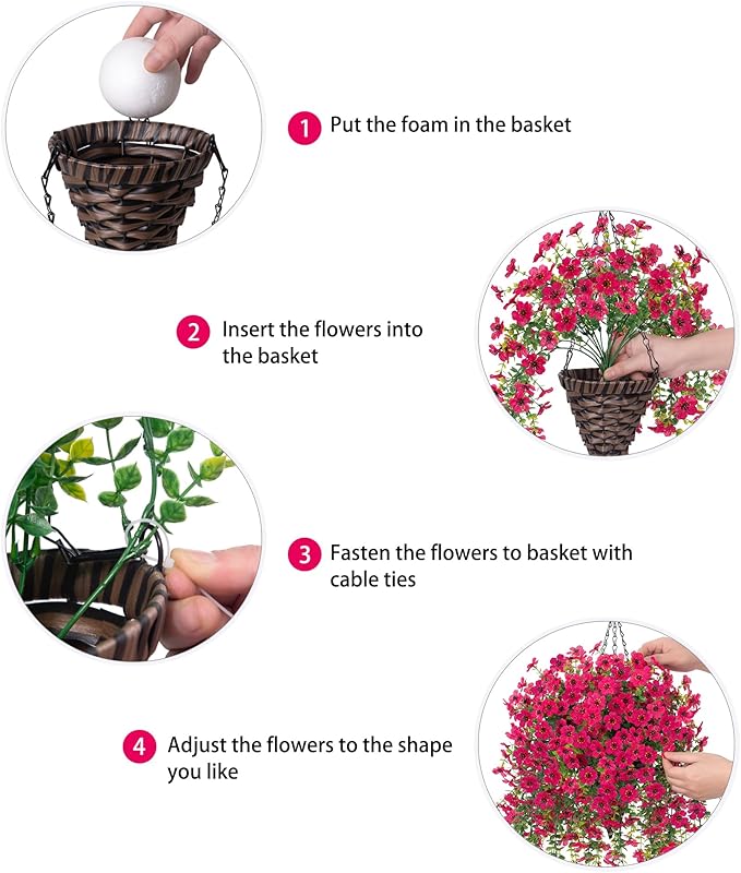 HyeFlora Artificial Hanging Flowers Basket for Outdoor, Fake Flowers Faux Plants Look Real for Yard Gardens Porch Patio Home (Hotpink)