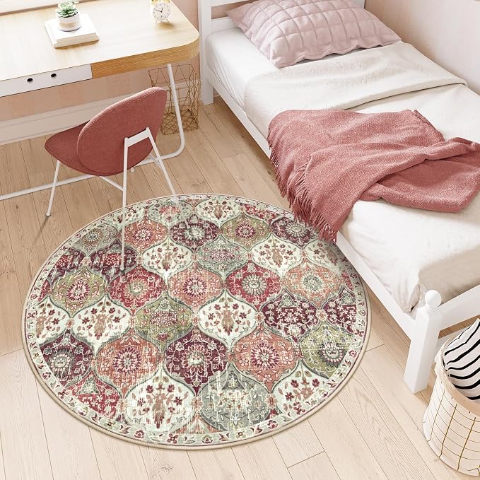 Lahome Moroccan Trellis Round Area Rugs, Washable Small Round Rug 3ft Non-Slip, Soft Vintage Ultra-Thin Circle Carpet for Bedroom Entryway Laundry Bathroom Elise, Orange/Terracotta
