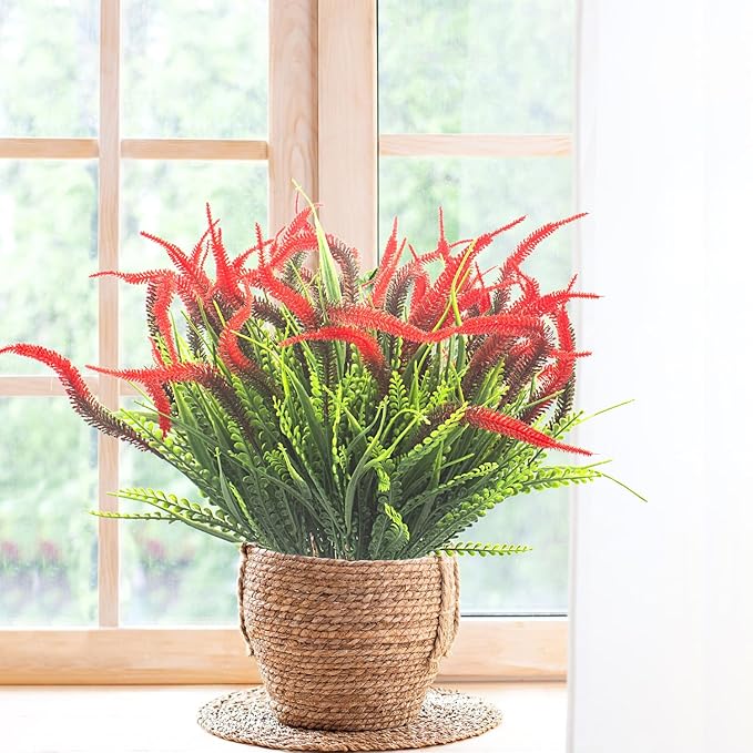 Grunyia 10 Bundles Artificial Plants Outdoor Fake Grass with Flowers UV Resistant Greenery Garden Porch Window Box Decorating (Red)