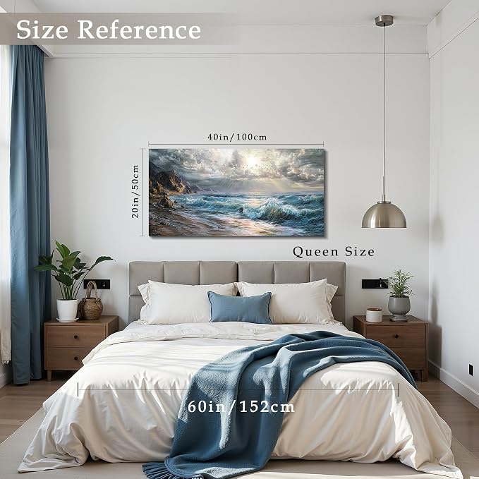 imjiayu Ocean Beach Canvas Wall Art, Sunrise Coastal Seascape Painting with Waves, Large Sea Landscape Artwork Wall Decor for Living Room Bedroom Office Home Decor 20" x 40"