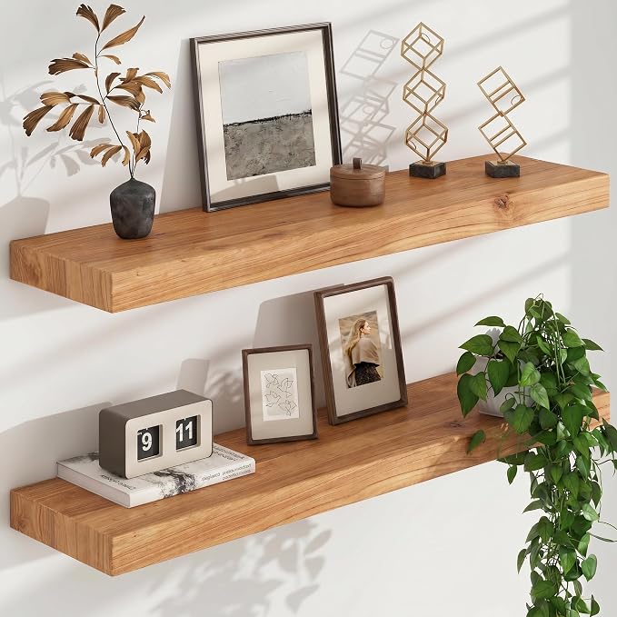 Floating Shelves for Wall, USA-Sourced Elm Wood 36 Inch Long Wall Shelves Set of 2, Natural Wooden Mounted Picture Ledge Shelf, Nursery Book Storage Shelf Kids Bookshelf, Display Shelf for Bathroom