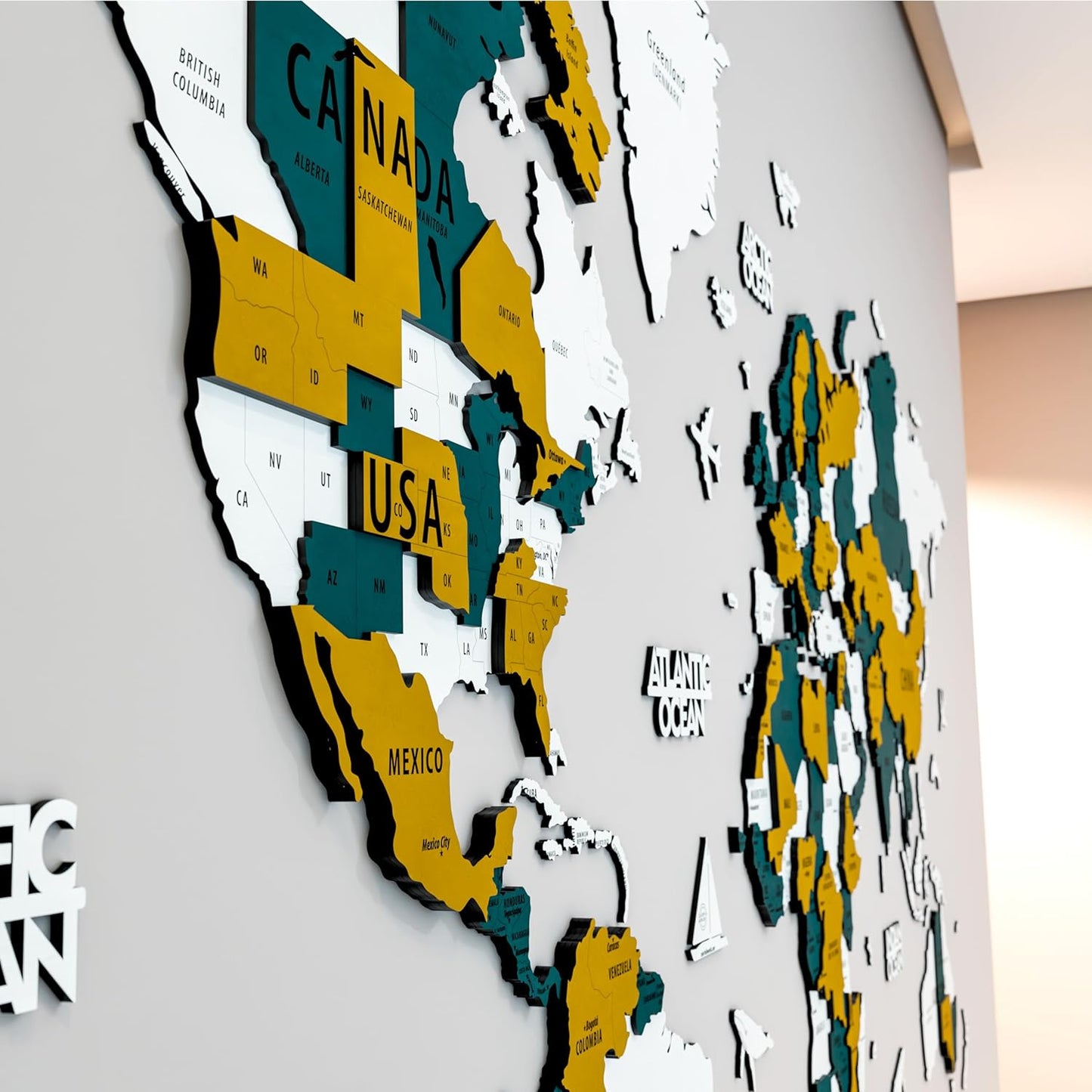 Colorfull Worlds 3D Wooden World Map Wall Art | Unique Wall Decor with Pins for Travel Enthusiasts | Home and Office Wall Décor | Gold-Blue | Large