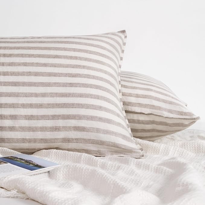 Linen World Striped Linen Pillow Cases Set of 2,20"x40" King Size,100% French Natural Flax Soft Pillowcases,Natural Stripe