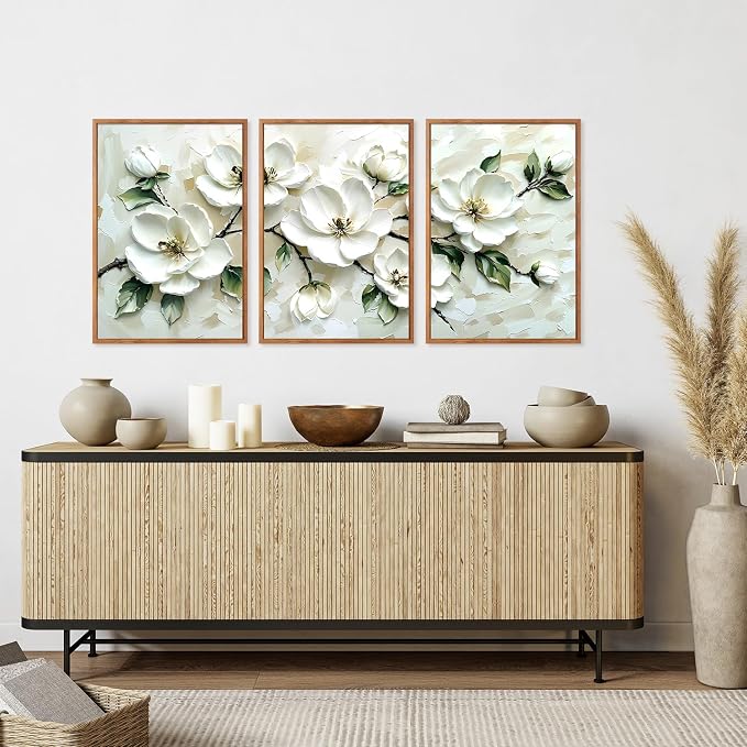 CHDITB 3D Neutral Beige Impasto White Magnolia Floral Textured Framed Canvas Wall Art Set, Minimalist Relief Wall Decor, Modern Texture Art Prints for Living Room Hallway Bedroom Home Decor 24"x36"x3