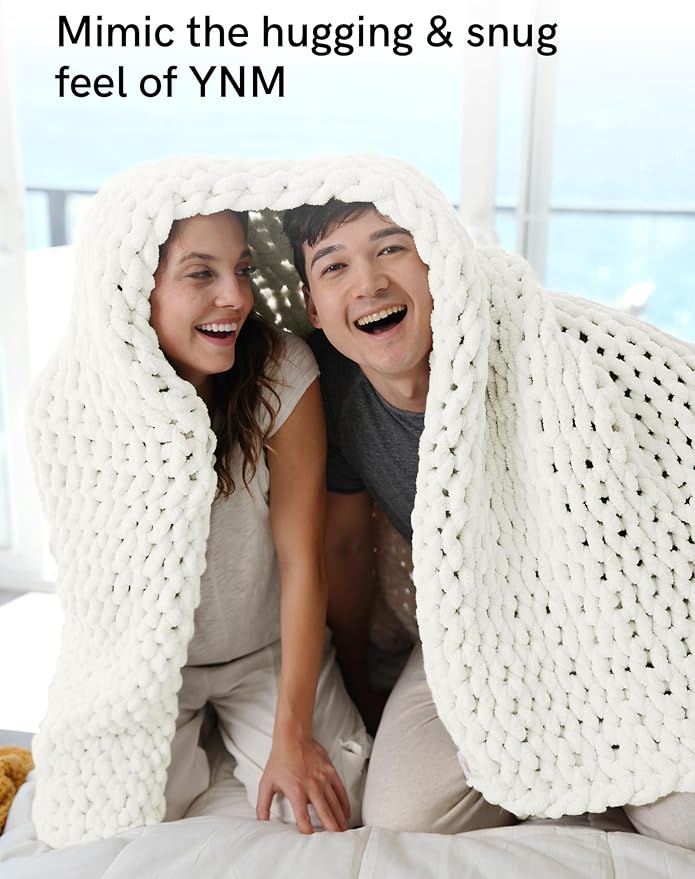YnM Chunky Throw Blanket, Medium-Weight, Hand Knitted with Chenielle Yarn, Skin Friendly, Ventilated and Breathable, Machine Washable, Home Décor Piece for Couch, Sofa and Bed (White, 40x50 Inch)