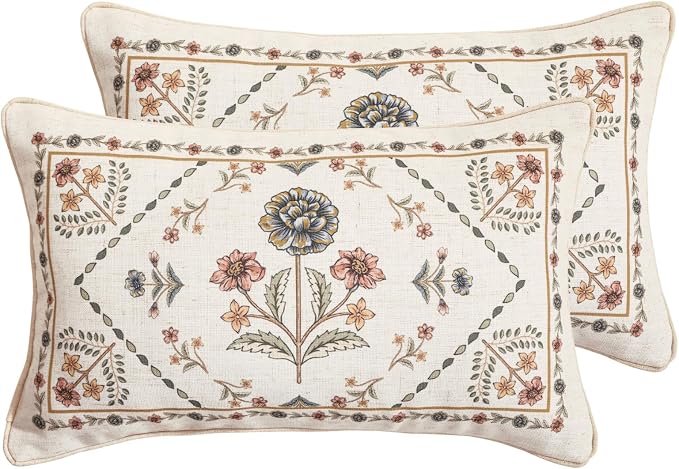 ISAENNE Designer Linen Throw Pillow Cover,Set of 2,20"x12"-Cornucopia B | Elegant French Rectangle Pillow Cover,Concealed Zipper Design,Floral Pattern,Sofas,Bedroom,Living Room,Lounge Chairs