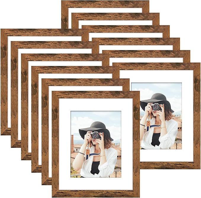 Picrit 12x16 Picture Frame Set of 12, Display 8.5x11 with Mat or 12x16 without Mat, Photo Frames for Wall Mounting Display, Brown
