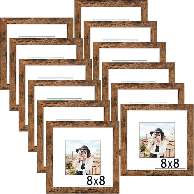 Picrit 8x8 Picture Frame Set of 12, Display 5x5 with Mat or 8 x 8 without Mat, Photo Frames for Wall Mounting or Table Top Display, Brown