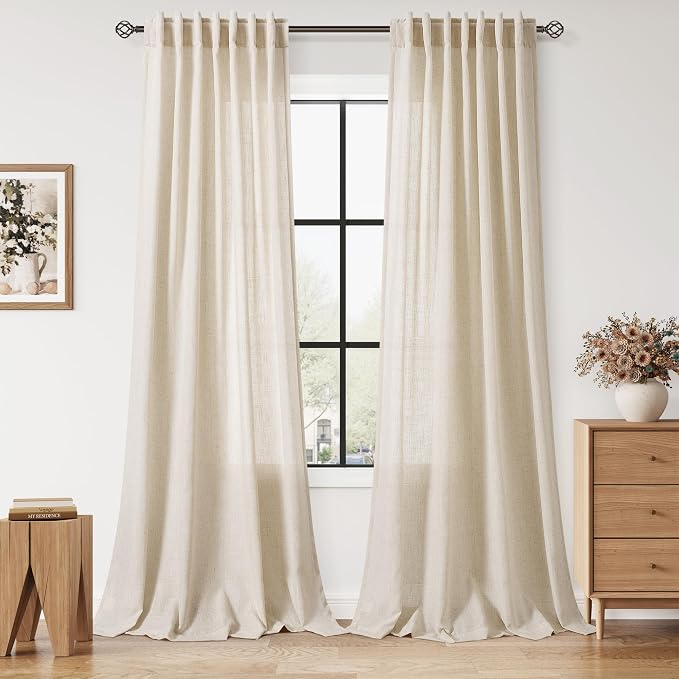 Linen Curtains for Living Room 120 Inches Long Modern Farmhouse Decor Light Filtering Semi Sheer Curtain Back Tab Luxury Neutral Rustic Floor to Ceiling High Window for Bedroom 52x120, 2 Panels