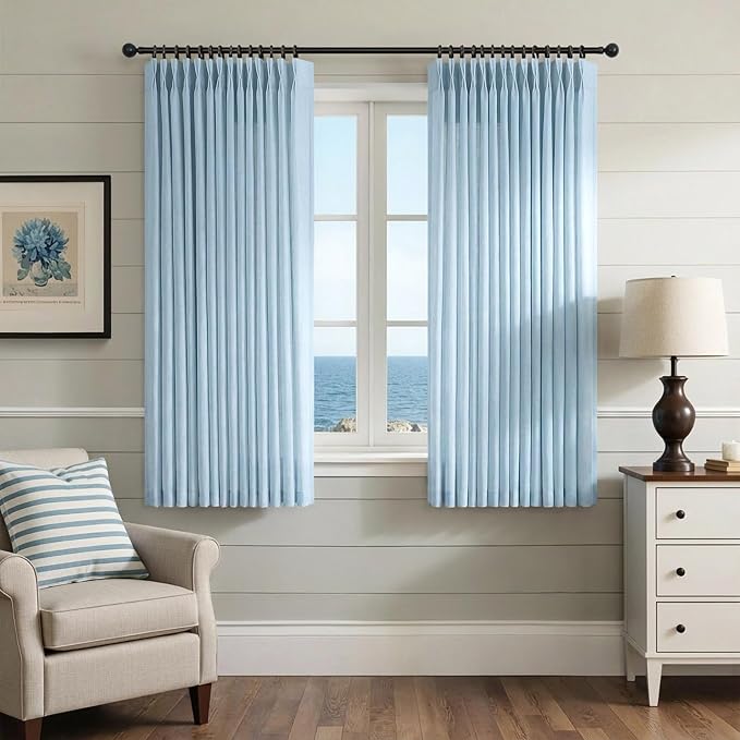 Light Blue Pinch Pleated Linen Curtains 45 Inch Length 2 Panels for Living Room Bedroom Cotton Textured Semi Sheer Drapes for Kitchen Farmhouse Style Spring Decor Back Tab Pleat Window Curtain 40x45