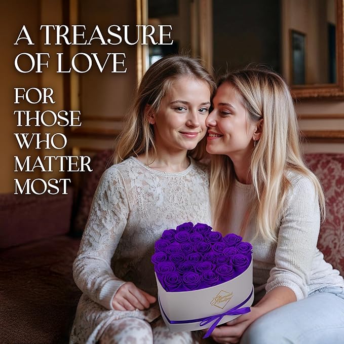 GLAMOUR BOUTIQUE Preserved Roses in a Box - Gifts for Her, Wife & Mom, Rose Flowers Forever Decor for Birthday Gift, Get Well Flower Bouquet Cased in White Box with Cover - Purple - 27 (Color-Treated)