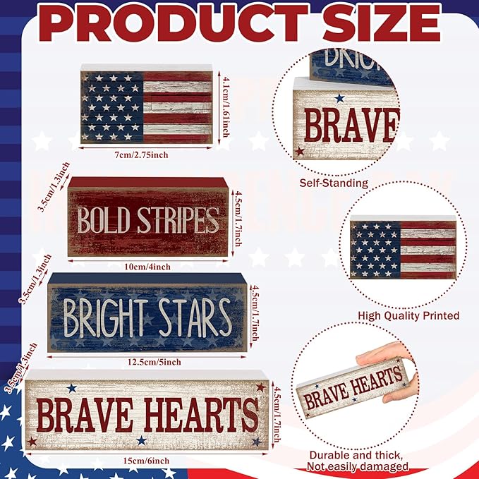 4 Pcs Memorial Day Decorations Wooden American Flag Patriotic 4th of July Tabletop Decoration Red White Blue Table Centerpieces Sign for Office Tiered Tray Home Shelf 250th Anniversary