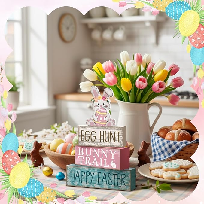 Lineshading 4 Pcs Easter Bunny Table Decor Wooden Pastel Bunny - 3-tier Wooden Tabletop Sign with 3D Floral Rabbit & Egg, Rustic Farmhouse Decorations for Home Easter Egg Hunt Party Centerpiece Gift