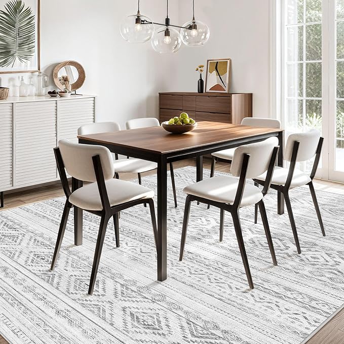 cotiled 9x12 Area Rug Living Room: Washable Boho Rugs with Non Slip Backing Large Soft Indoor Stain Resistant Carpet for Bedroom Farmhouse Dining Room Lightweight Home Decor Light Grey