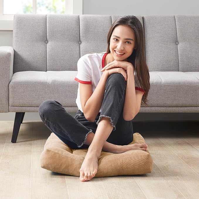Meditation Floor Pillow Set of 2, Square Large Pillows Seating for Adults, Tufted Corduroy Cushion for Living Room Tatami, Coffee Brown 22x22 Inch