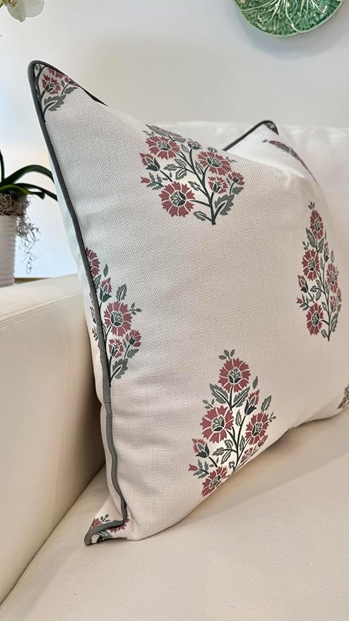 Jillien Harbor “The Sutton” Burgundy & Deep Green Floral Block Print Pillow Cover – Off-White Decorative Festive Throw Pillow Cover – Grandmillennial Home Decor, 20" x 20"
