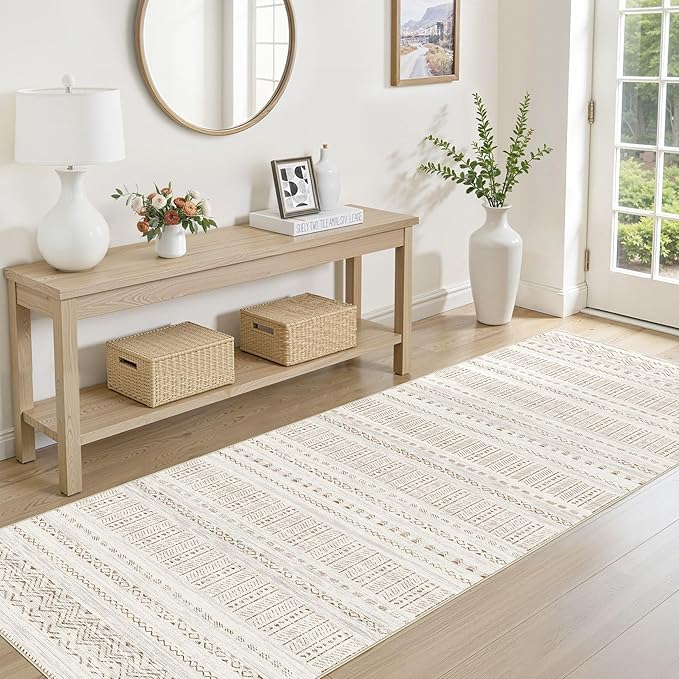 cotiled Hallway 2.6x10 Runner Rugs: Washable Boho Rugs with Non Slip Backing Large Soft Indoor Stain Resistant Carpet for Living Room Bedroom Farmhouse Dining Room Lightweight Home Decor Brown/Cream