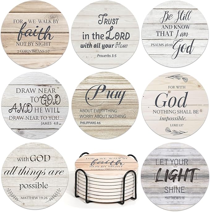 Billbotk Ceramic Coasters with Bible Verses, Christian Coasters Set of 8 with Holder, Absorbent Drink Coasters for Christian Gifts and Home Decor, 4 Inches