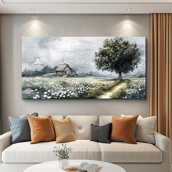 ERQINHUA Gray Large Canvas Wall Art For Living Room Farmhouse Wall Decor For Bedroom Office Mural Field scenery Paintings Tree Landscape Printed Artwork Wall Pictures Home Decorations art 24"X48"