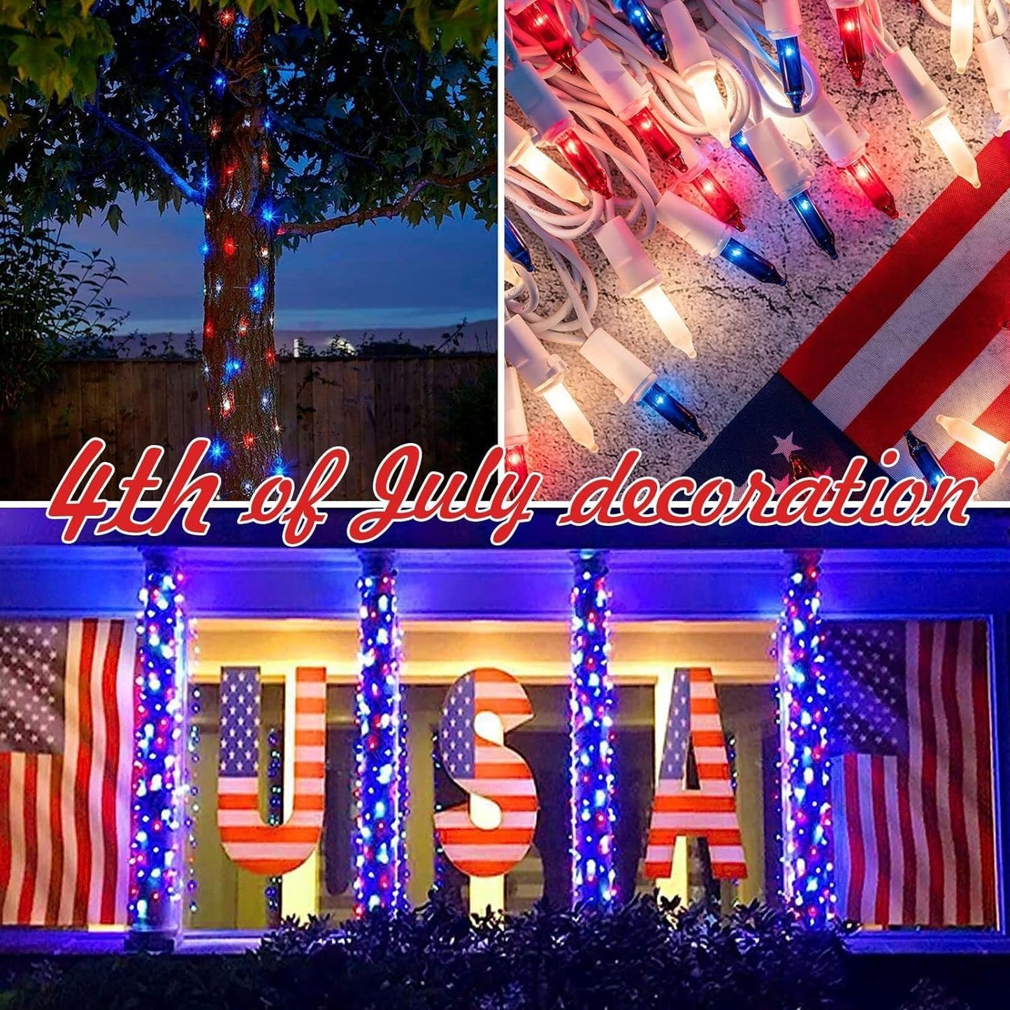 300LIGHTS(2*150L) RED WHITE and BLUE Extra-Bright With End Connectors Christmas Decorative Lights 19.44m UL Certified Mini String Light Set Waterproof for Home Garden Holiday Tree Party Patio