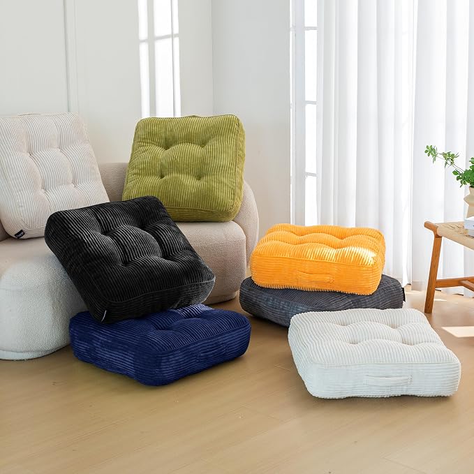 HIGOGOGO 6" Extra Thick Floor Pillow Cushion for Adults, Meditation Cushion Pillow, Large Square Floor Sitting, Tufted Corduroy Cover, for Tatami Living Room or Yoga, 22x22 Inch, Black