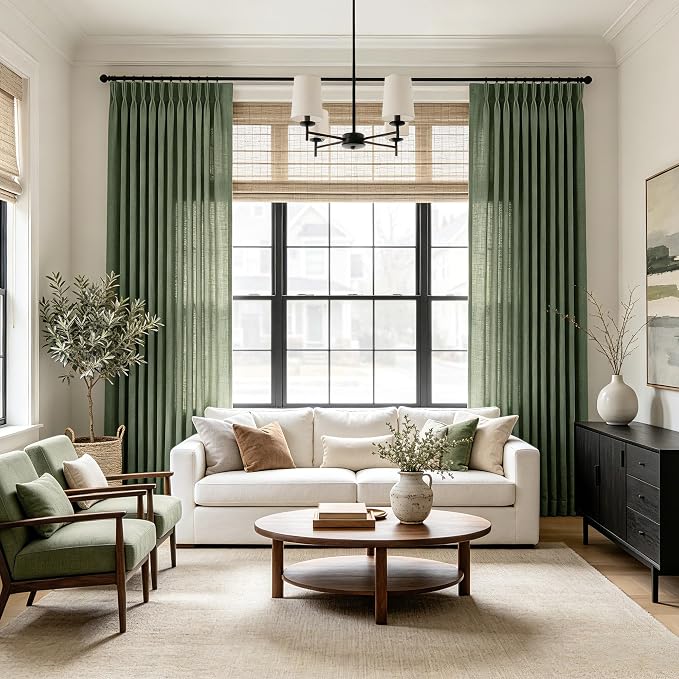Pinch Pleated Olive Green Linen Curtains 96 inches Long for Living Room Light Filtering Semi Sheer Triple Pinch Pleat Curtains Modern Minimalist Aesthetic Decor Moss Green Window Drapes 96 Length