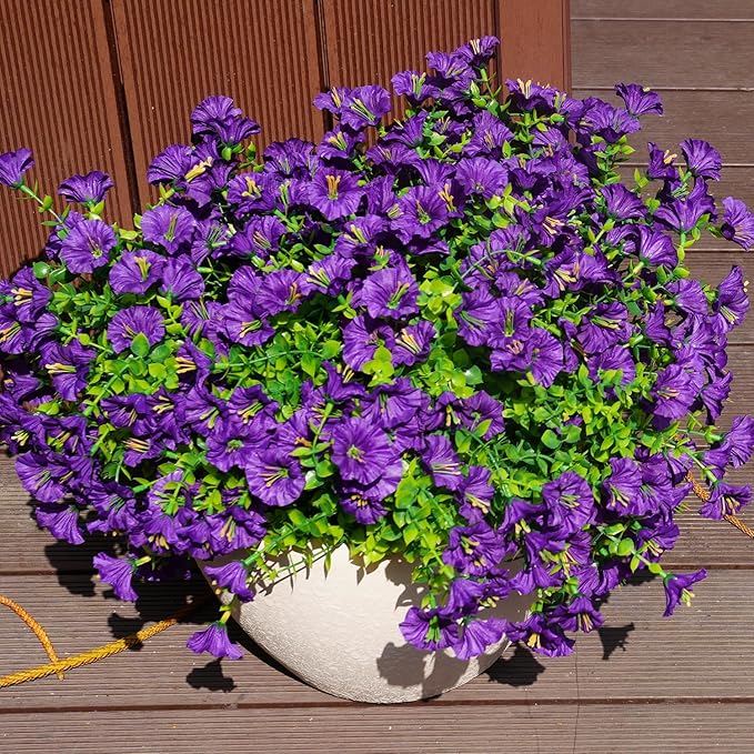 Artificial Flowers for Outdoors, UV Resistant Fake Silk Morning Glory, Realistic Faux Plants for Outside Porch Patio Window Box Hanging Planter (12, Purple)