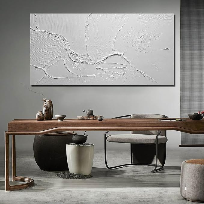 Minimalist Hand Painted Wall Art for Hotel Extra Large Wall Art for Office White Abstract Wall Pictures for Living Room Size 36 x 72 Inch
