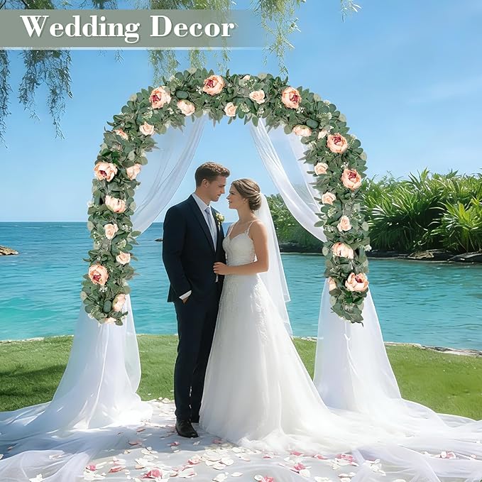 2 Pack 13Ft Artificial Eucalyptus Floral Garland with 16 Flowers Vintage Peony Rose, Pink Fake Flower Greenery Spring Garland Floral Vines for Mantle Wedding Arch Home Table Runner Backdrop Decor