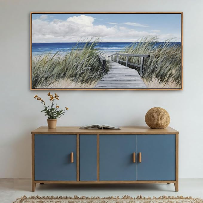 Coastal Wall Art for Living Room - Vintage Farmhouse Landscape Artwork for Walls, Framed Blue Seascape Canvas Decor, Beach Pictures for Bedroom, Ocean Wall Decor Home Decorations 24×48IN